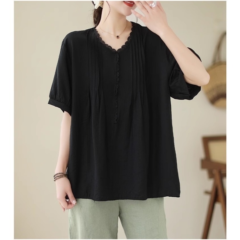 漾貝比【9155490】中大尺碼女裝 甜美法式V領滾邊打折上衣．共2色 (36-48)-細節圖3