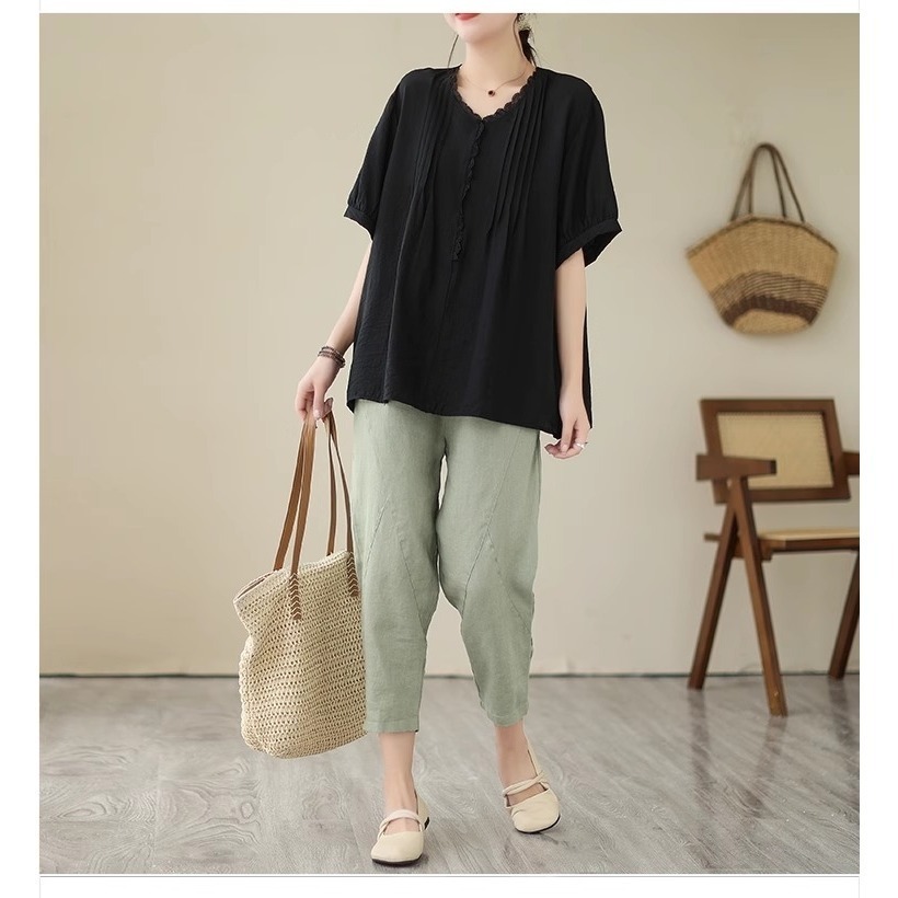 漾貝比【9155490】中大尺碼女裝 甜美法式V領滾邊打折上衣．共2色 (36-48)-細節圖4