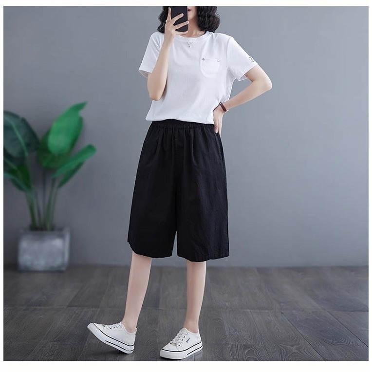 漾貝比【9155491】中大尺碼女裝 素面五分棉麻鬆緊闊腿褲．共2色 (29-40)-細節圖2