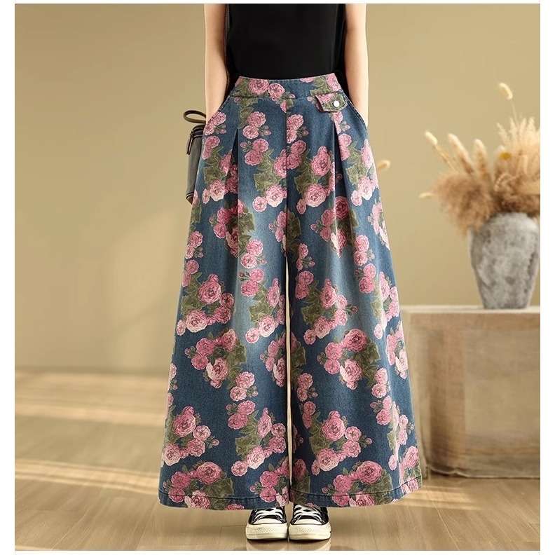 漾貝比【9155499】中大尺碼女裝 粉色花卉平小腹打折牛仔寬褲 (26-36)-細節圖2