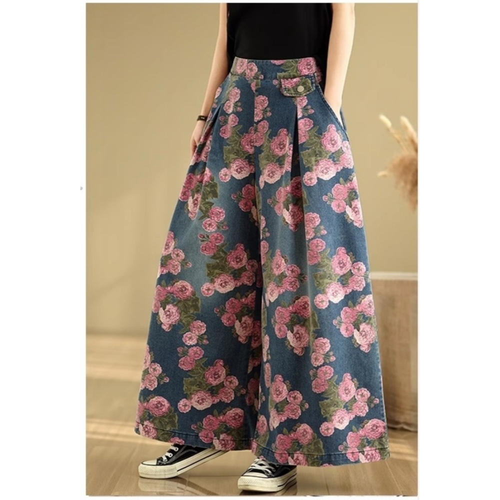 漾貝比【9155499】中大尺碼女裝 粉色花卉平小腹打折牛仔寬褲 (26-36)-細節圖3