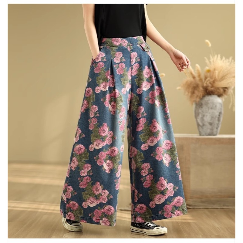 漾貝比【9155499】中大尺碼女裝 粉色花卉平小腹打折牛仔寬褲 (26-36)-細節圖4