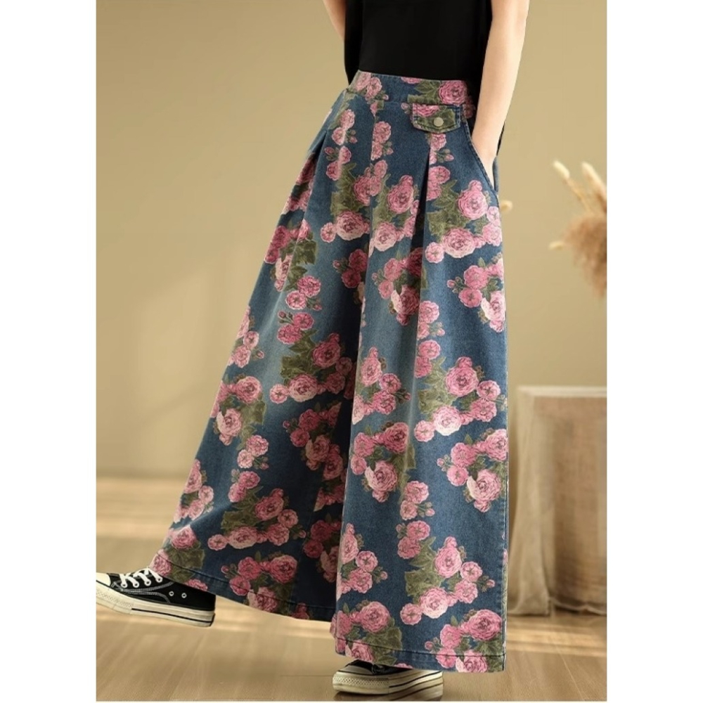 漾貝比【9155499】中大尺碼女裝 粉色花卉平小腹打折牛仔寬褲 (26-36)-細節圖5