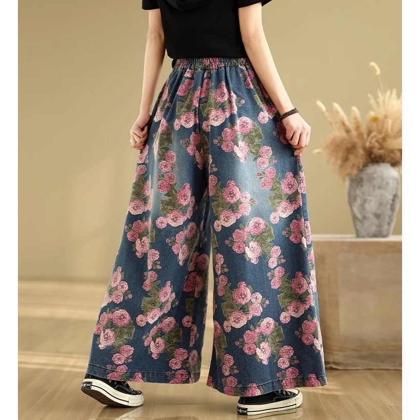 漾貝比【9155499】中大尺碼女裝 粉色花卉平小腹打折牛仔寬褲 (26-36)-細節圖6