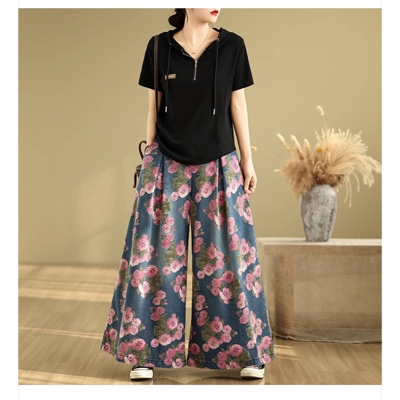 漾貝比【9155499】中大尺碼女裝 粉色花卉平小腹打折牛仔寬褲 (26-36)-細節圖7