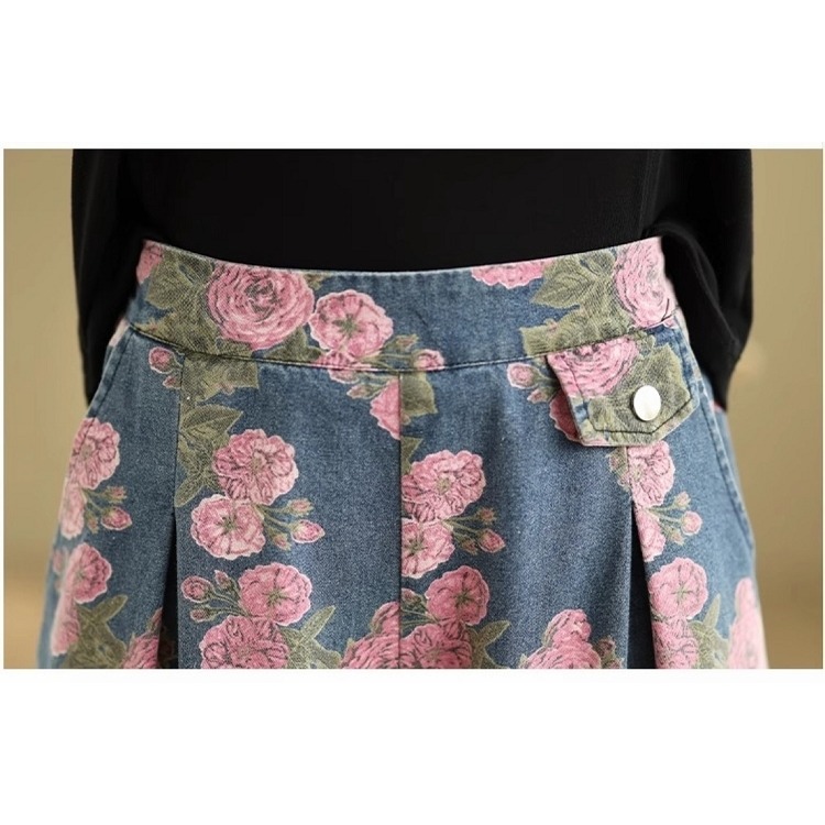 漾貝比【9155499】中大尺碼女裝 粉色花卉平小腹打折牛仔寬褲 (26-36)-細節圖8