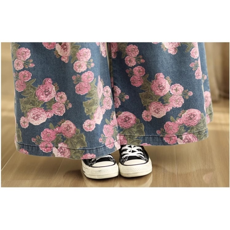 漾貝比【9155499】中大尺碼女裝 粉色花卉平小腹打折牛仔寬褲 (26-36)-細節圖10