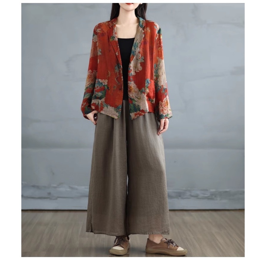 漾貝比【9155502】中大尺碼女裝 文藝復古花朵印花棉麻西裝外套 (36-47)-細節圖2