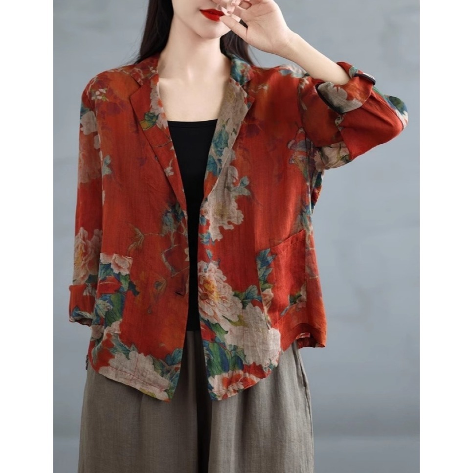 漾貝比【9155502】中大尺碼女裝 文藝復古花朵印花棉麻西裝外套 (36-47)-細節圖3