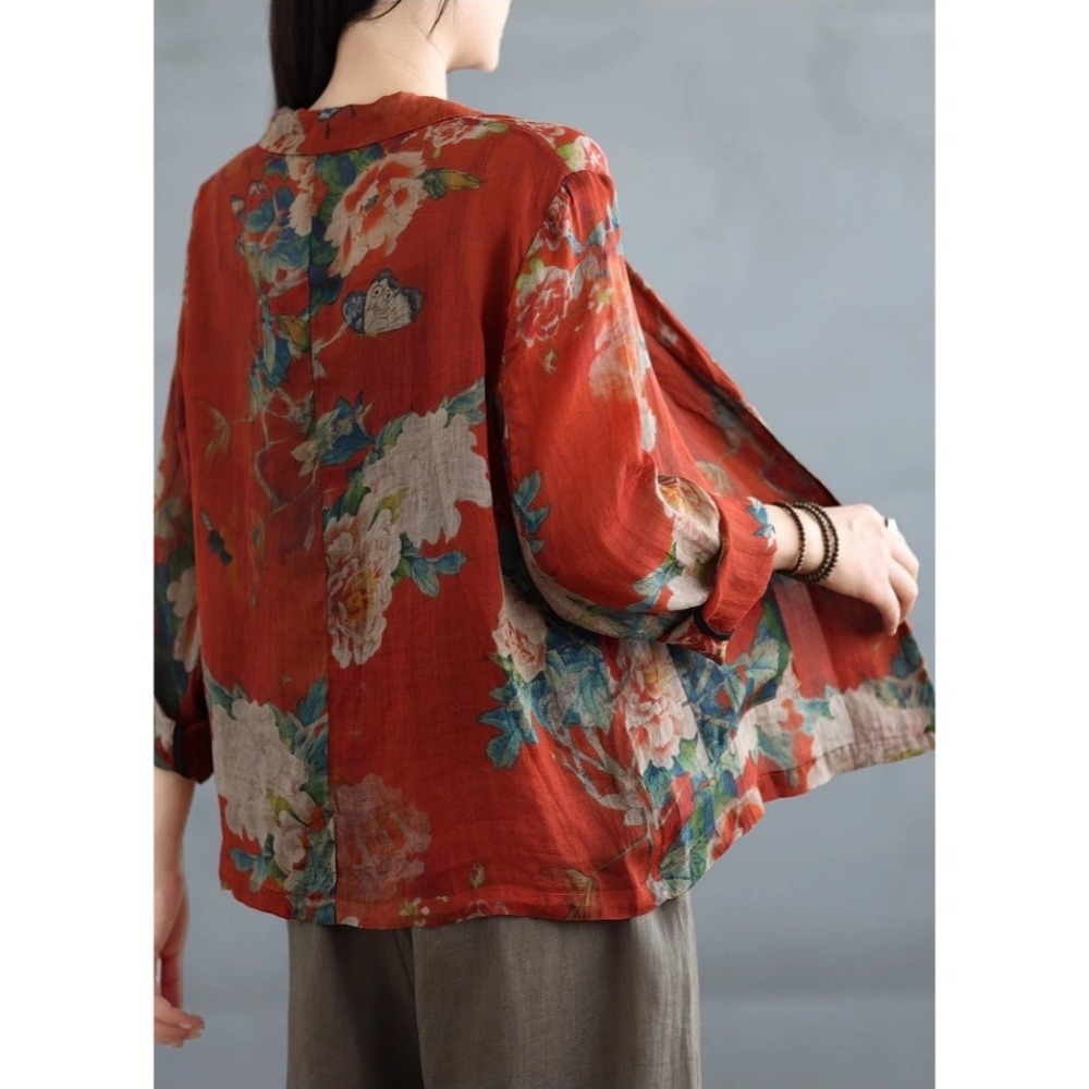 漾貝比【9155502】中大尺碼女裝 文藝復古花朵印花棉麻西裝外套 (36-47)-細節圖4