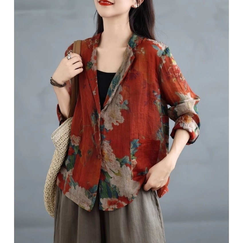 漾貝比【9155502】中大尺碼女裝 文藝復古花朵印花棉麻西裝外套 (36-47)-細節圖5