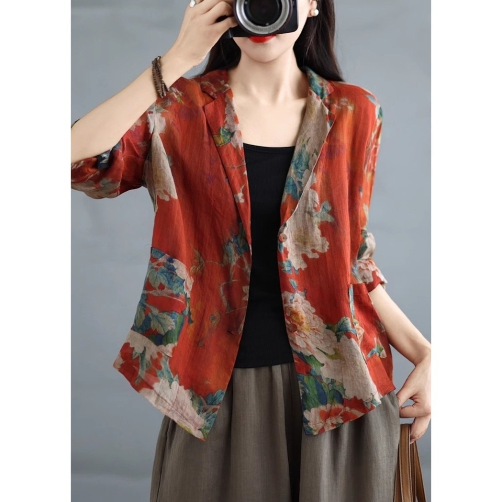 漾貝比【9155502】中大尺碼女裝 文藝復古花朵印花棉麻西裝外套 (36-47)-細節圖6