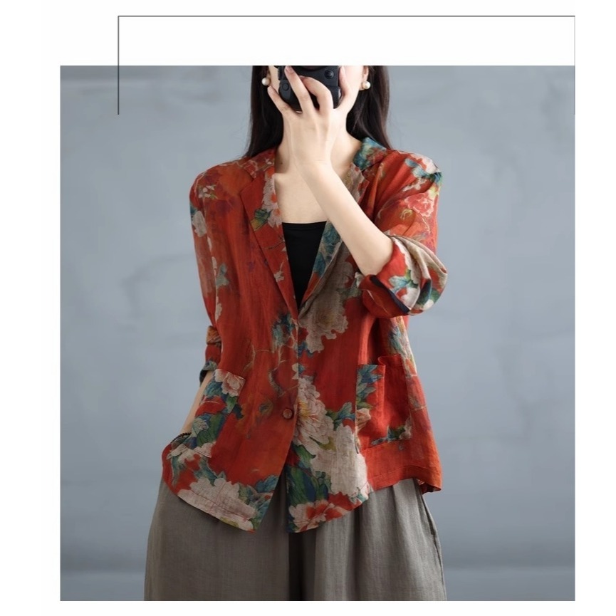 漾貝比【9155502】中大尺碼女裝 文藝復古花朵印花棉麻西裝外套 (36-47)-細節圖7