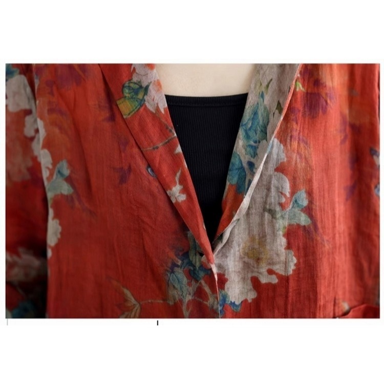 漾貝比【9155502】中大尺碼女裝 文藝復古花朵印花棉麻西裝外套 (36-47)-細節圖9