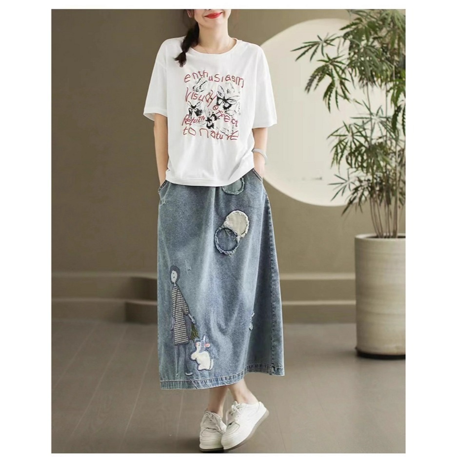 漾貝比【9155506】中大尺碼女裝 短髮妹妹鬆緊綁帶牛仔中長裙．共2色-細節圖2