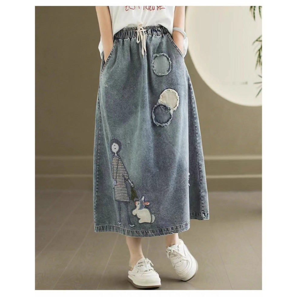 漾貝比【9155506】中大尺碼女裝 短髮妹妹鬆緊綁帶牛仔中長裙．共2色-細節圖3