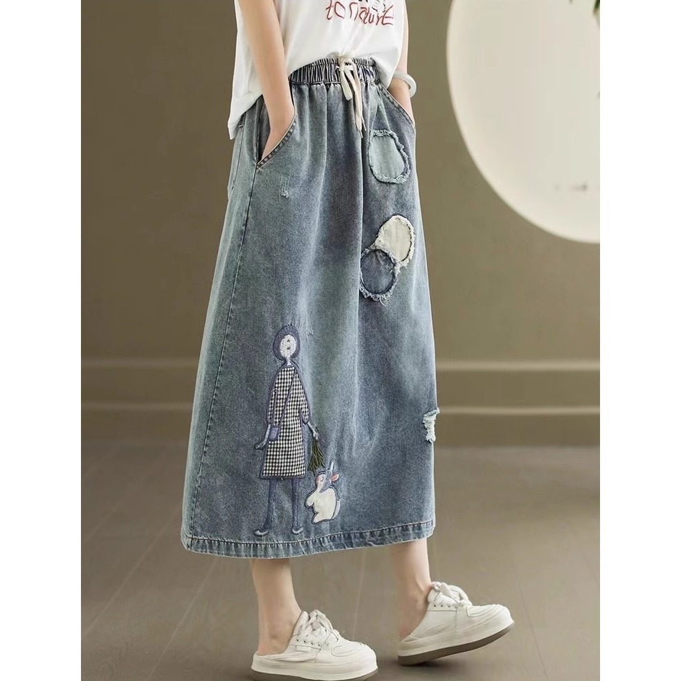 漾貝比【9155506】中大尺碼女裝 短髮妹妹鬆緊綁帶牛仔中長裙．共2色-細節圖4