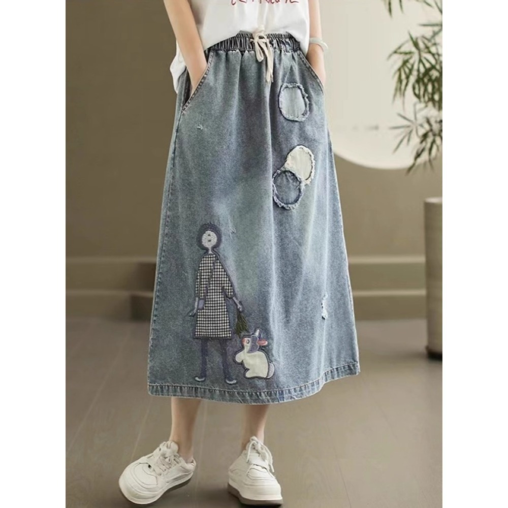 漾貝比【9155506】中大尺碼女裝 短髮妹妹鬆緊綁帶牛仔中長裙．共2色-規格圖9
