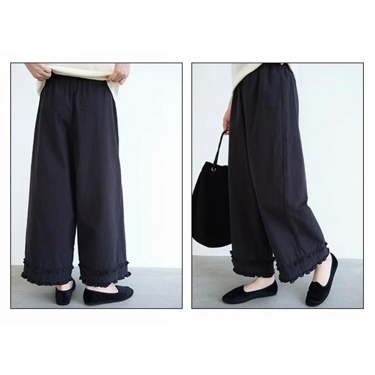 漾貝比【9155507】中大尺碼女裝 褲管木耳滾邊黑色八分闊腿褲 (30-38)-細節圖5