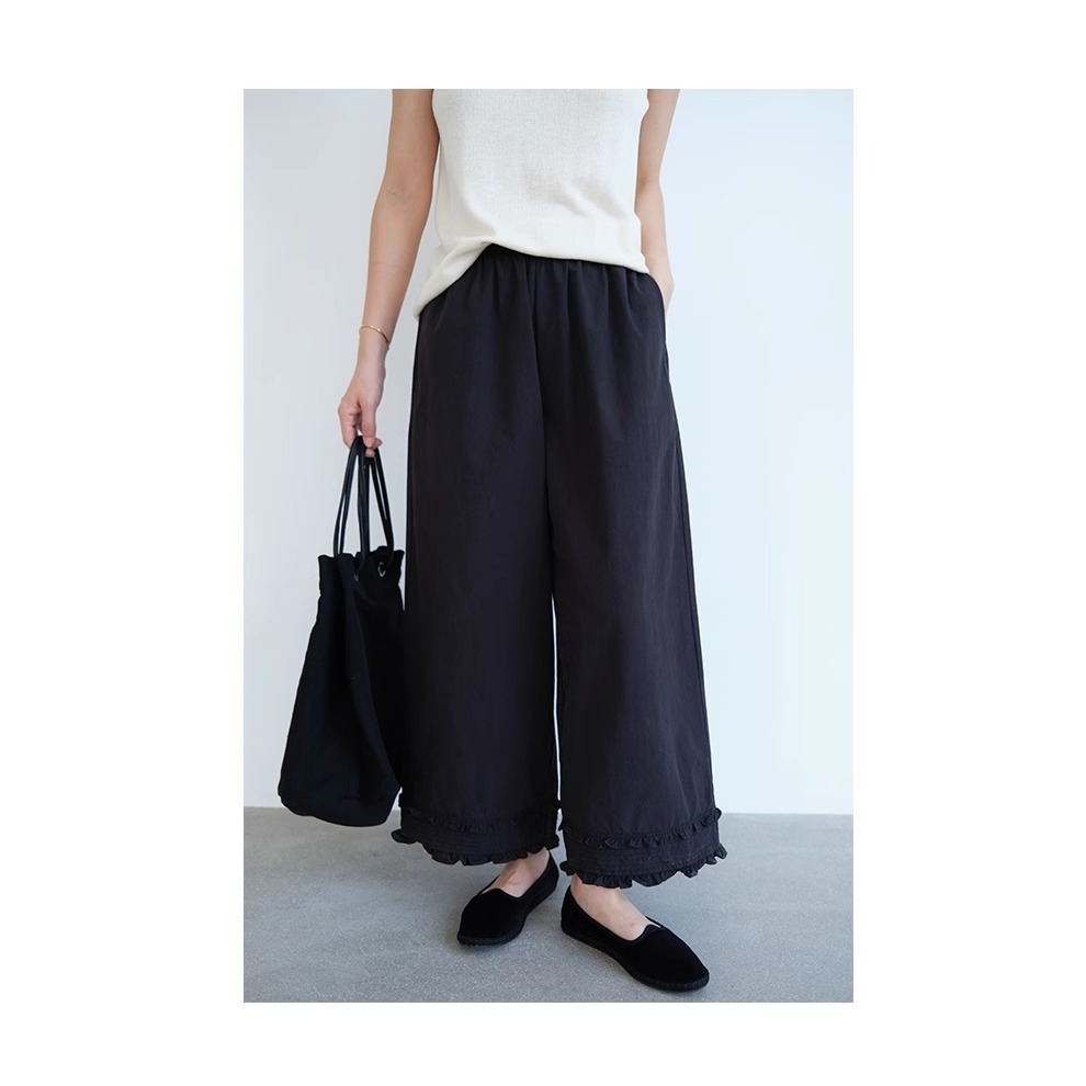 漾貝比【9155507】中大尺碼女裝 褲管木耳滾邊黑色八分闊腿褲 (30-38)-細節圖8