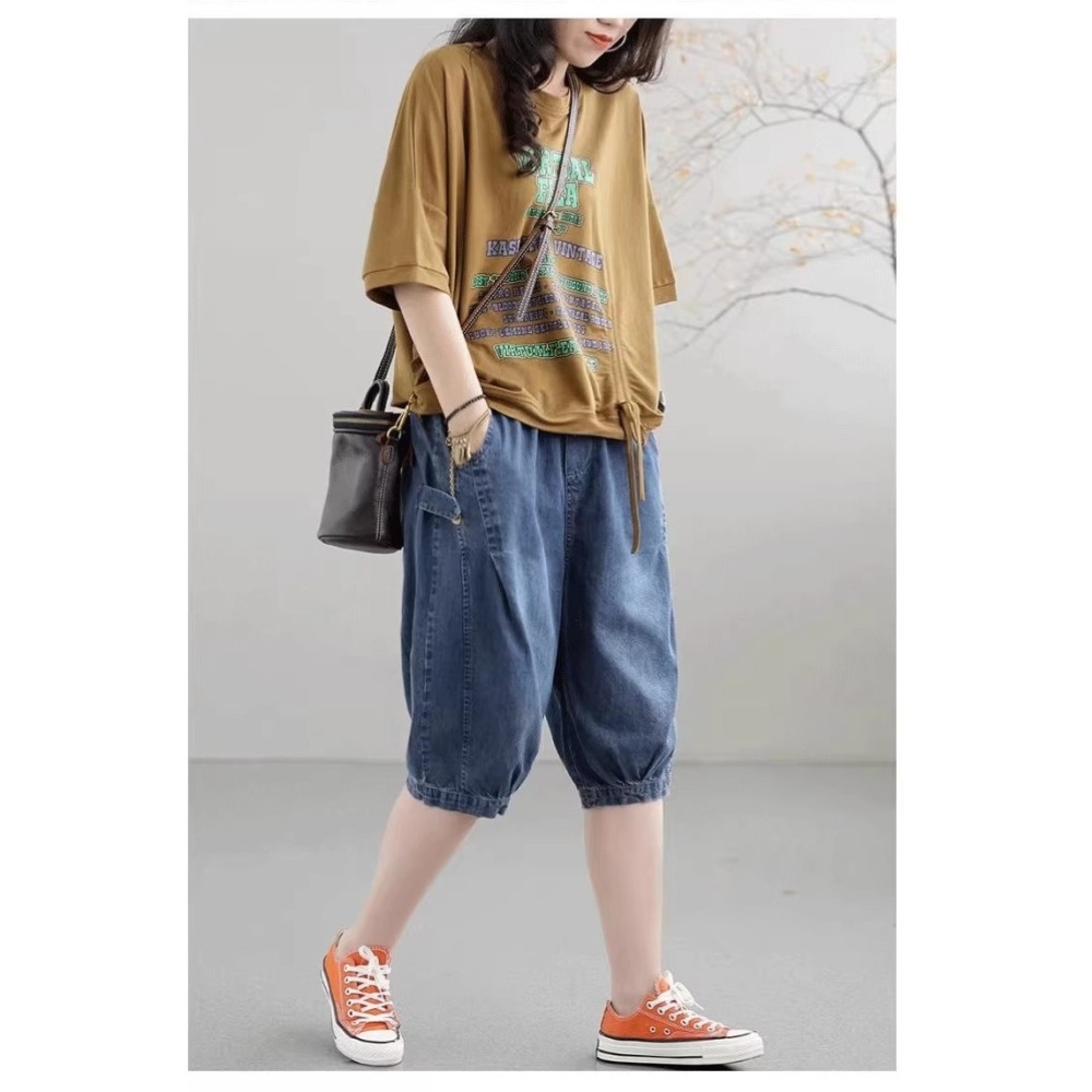 漾貝比【9155510】中大尺碼女裝 側邊拉環抓折鬆緊腰牛仔六分褲 (27-40)-細節圖3