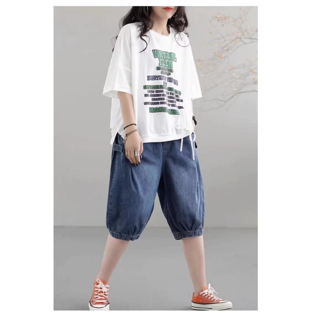 漾貝比【9155510】中大尺碼女裝 側邊拉環抓折鬆緊腰牛仔六分褲 (27-40)-細節圖4