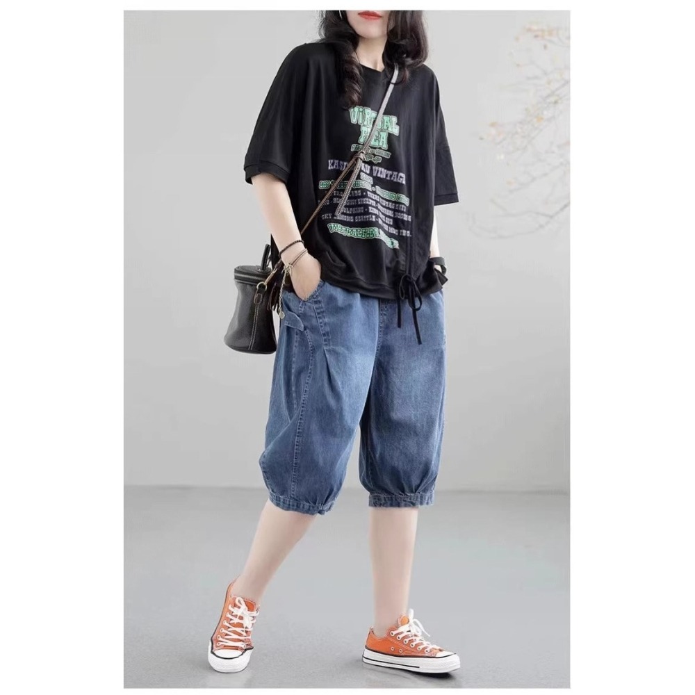 漾貝比【9155510】中大尺碼女裝 側邊拉環抓折鬆緊腰牛仔六分褲 (27-40)-細節圖5