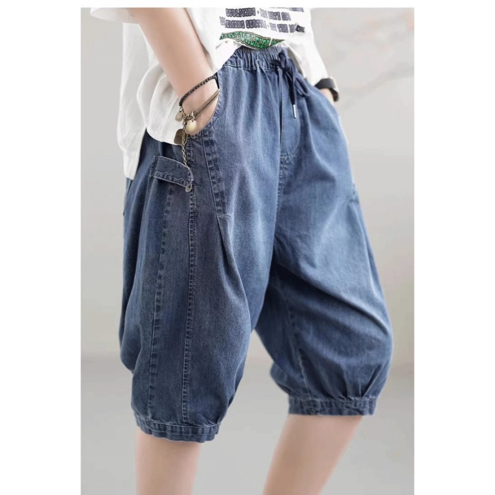 漾貝比【9155510】中大尺碼女裝 側邊拉環抓折鬆緊腰牛仔六分褲 (27-40)-細節圖7