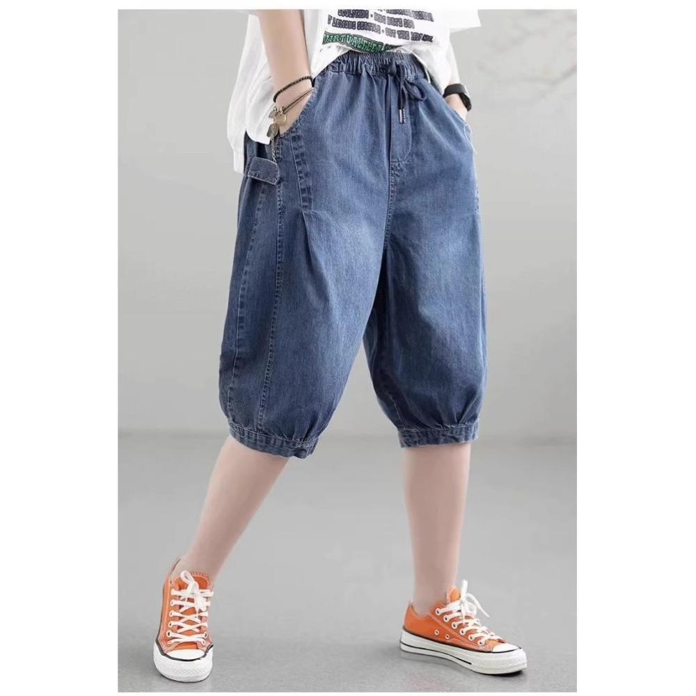 漾貝比【9155510】中大尺碼女裝 側邊拉環抓折鬆緊腰牛仔六分褲 (27-40)-細節圖8