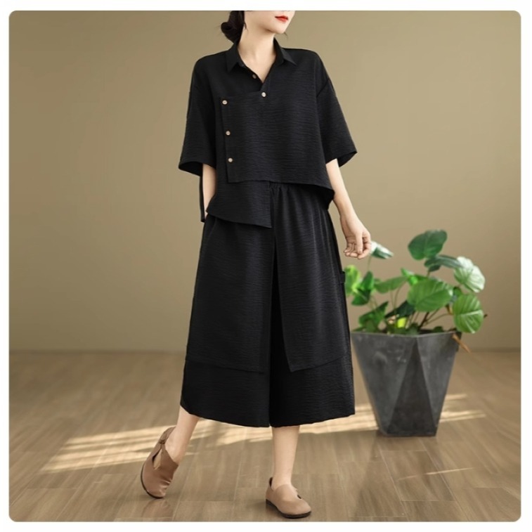 漾貝比【9155511】中大尺碼女裝 不規則襯衫上衣+寬褲造型兩件套裝 (38-48)-細節圖2