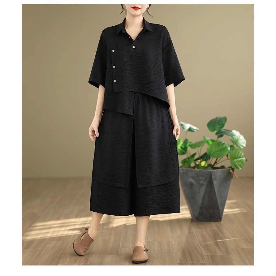 漾貝比【9155511】中大尺碼女裝 不規則襯衫上衣+寬褲造型兩件套裝 (38-48)-細節圖3