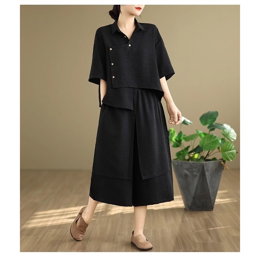 漾貝比【9155511】中大尺碼女裝 不規則襯衫上衣+寬褲造型兩件套裝 (38-48)-細節圖5