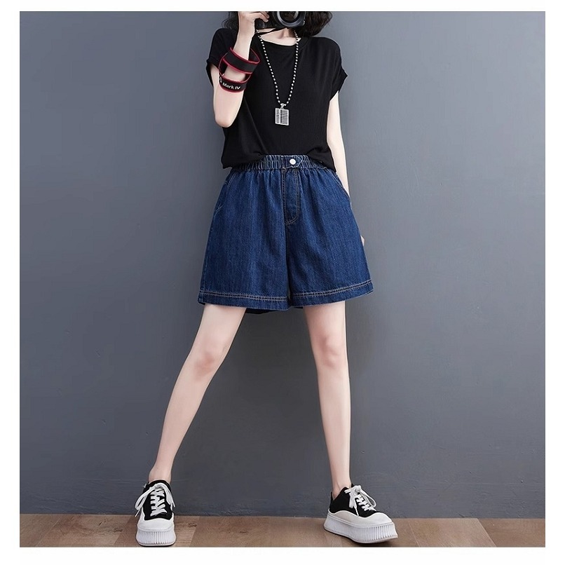 漾貝比【9155515】中大尺碼女裝 鬆緊腰一拉釦牛仔短褲．深藍 (30-39)-細節圖2