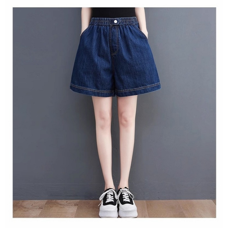 漾貝比【9155515】中大尺碼女裝 鬆緊腰一拉釦牛仔短褲．深藍 (30-39)-細節圖3