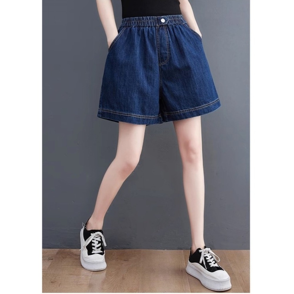 漾貝比【9155515】中大尺碼女裝 鬆緊腰一拉釦牛仔短褲．深藍 (30-39)-細節圖4
