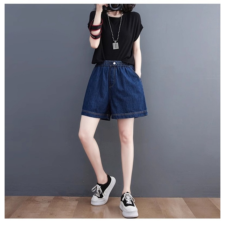 漾貝比【9155515】中大尺碼女裝 鬆緊腰一拉釦牛仔短褲．深藍 (30-39)-細節圖5