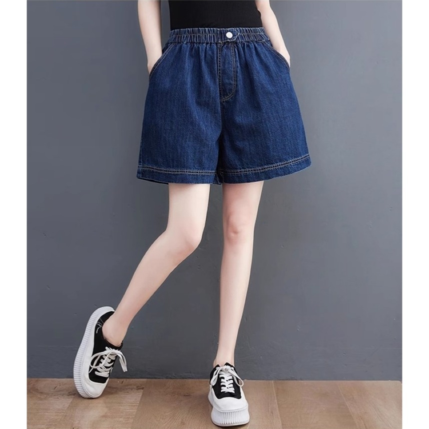 漾貝比【9155515】中大尺碼女裝 鬆緊腰一拉釦牛仔短褲．深藍 (30-39)-細節圖7
