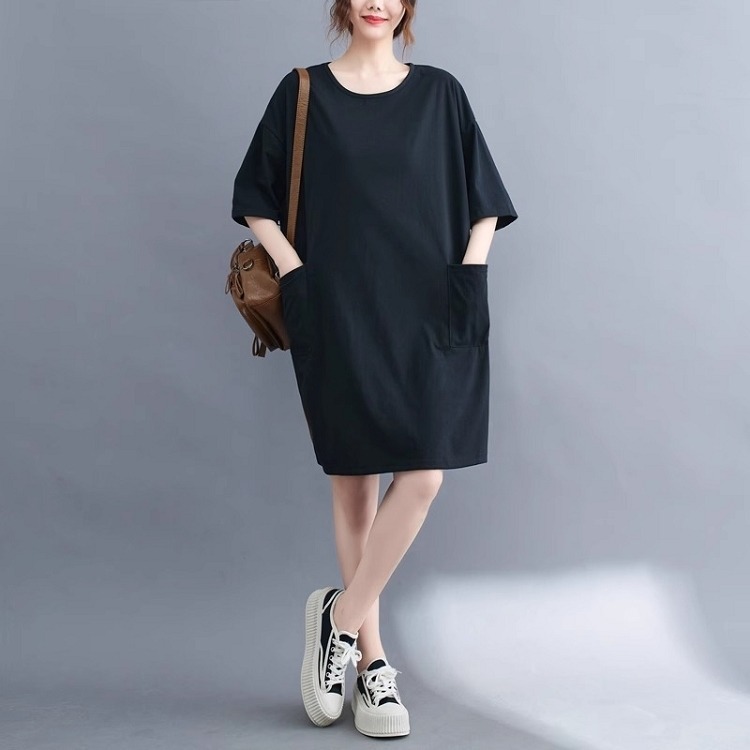 漾貝比【9155518】中大尺碼女裝 雙口袋純色接袖A字洋裝．共2色 (38-49)-細節圖2