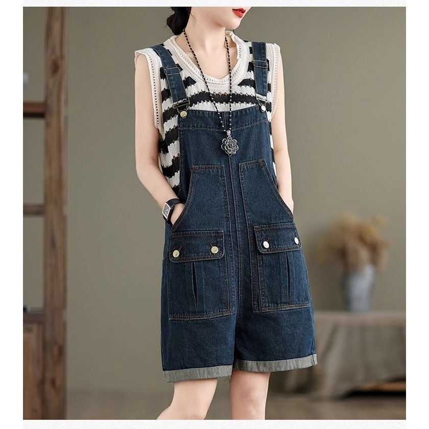 漾貝比【9155527】中大尺碼女裝 顯瘦立體口袋反折牛仔吊帶短褲 (29-38)-細節圖2