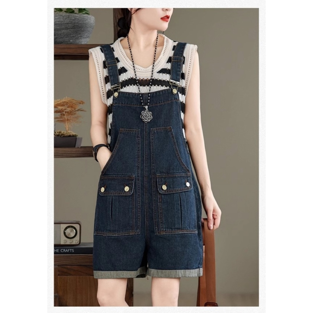 漾貝比【9155527】中大尺碼女裝 顯瘦立體口袋反折牛仔吊帶短褲 (29-38)-細節圖3