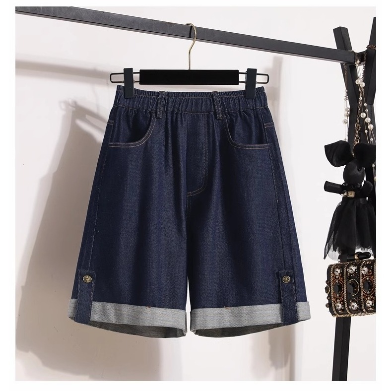 漾貝比【9155529】中大尺碼女裝 深藍色彈性反折五分天絲牛仔褲 (29-44)-細節圖2