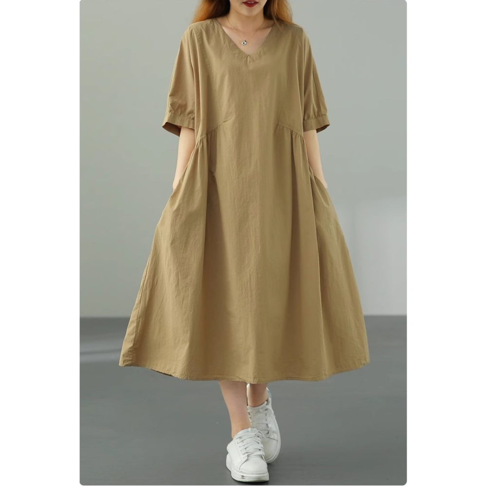 漾貝比【9155536】中大尺碼女裝 V領腰抓折大口袋洋裝．卡其(36-47)-細節圖2