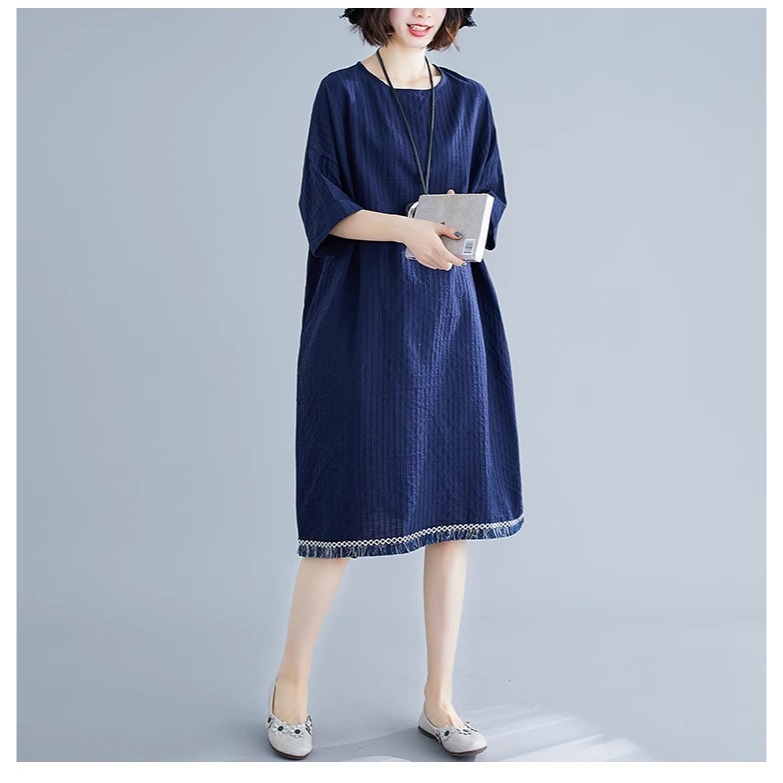 漾貝比【9155543】中大尺碼女裝 韓版下擺拼接鬚鬚棉麻洋裝．藏青(40-54)-細節圖3