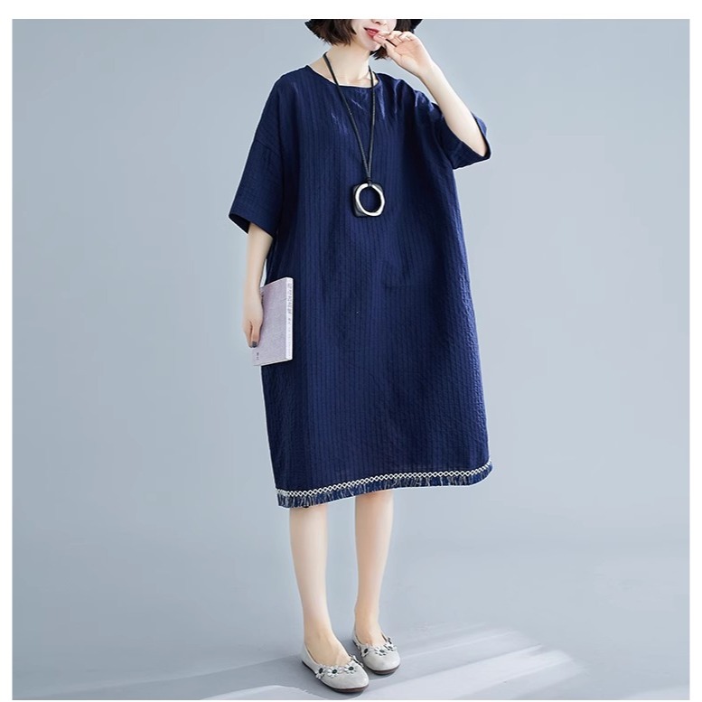 漾貝比【9155543】中大尺碼女裝 韓版下擺拼接鬚鬚棉麻洋裝．藏青(40-54)-細節圖5