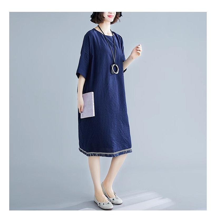 漾貝比【9155543】中大尺碼女裝 韓版下擺拼接鬚鬚棉麻洋裝．藏青(40-54)-細節圖6