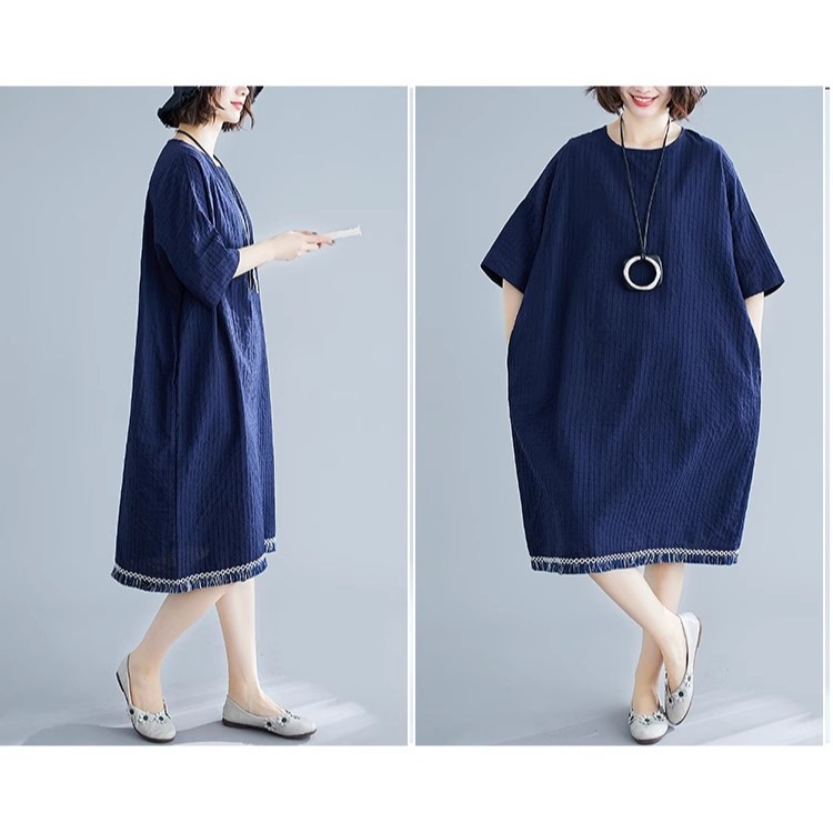 漾貝比【9155543】中大尺碼女裝 韓版下擺拼接鬚鬚棉麻洋裝．藏青(40-54)-細節圖7