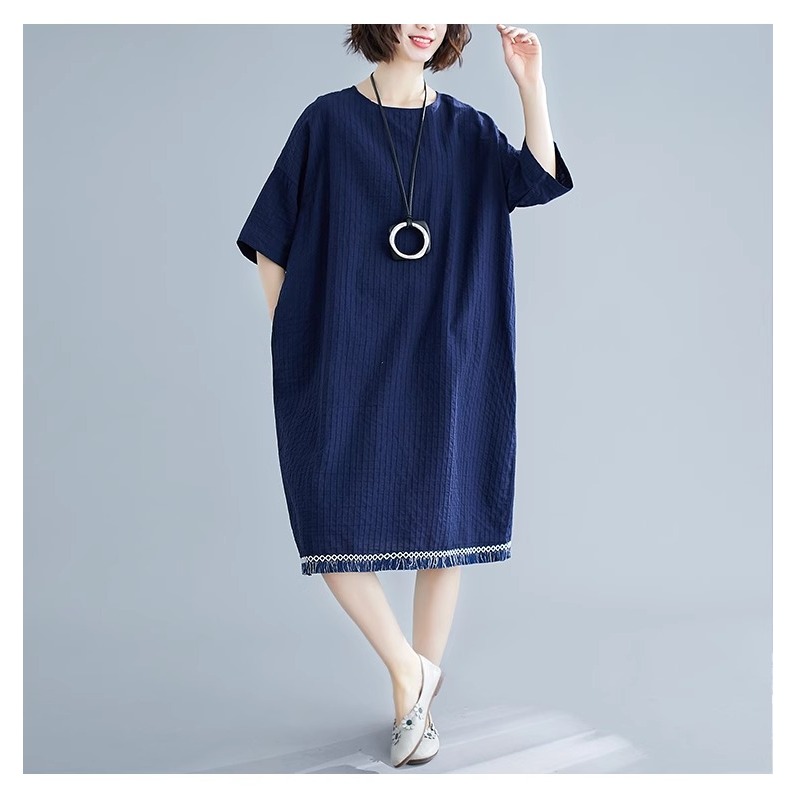 漾貝比【9155543】中大尺碼女裝 韓版下擺拼接鬚鬚棉麻洋裝．藏青(40-54)-細節圖8