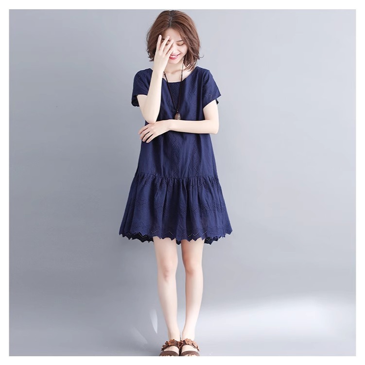 漾貝比【9155544】中大尺碼女裝 洞洞縷空拼接裙襬洋裝．藏青(36-42)-細節圖5