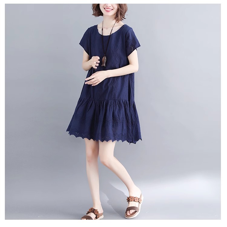 漾貝比【9155544】中大尺碼女裝 洞洞縷空拼接裙襬洋裝．藏青(36-42)-細節圖6