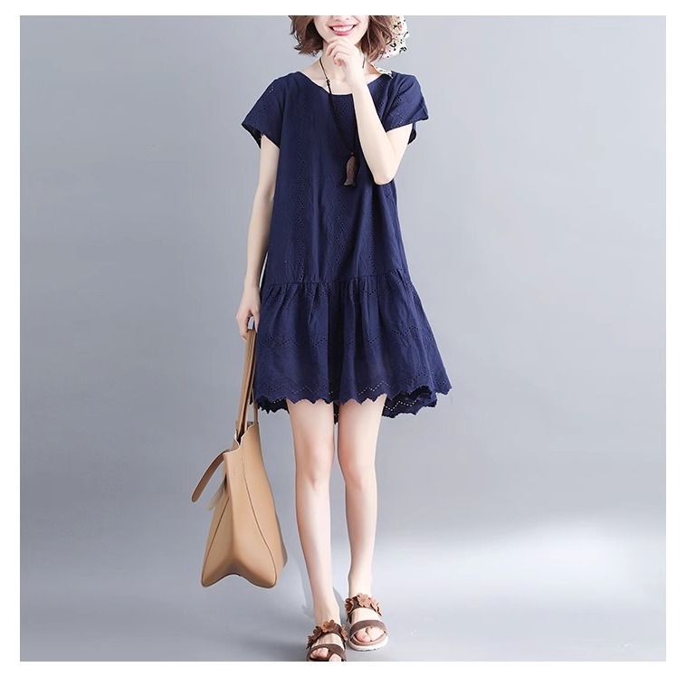 漾貝比【9155544】中大尺碼女裝 洞洞縷空拼接裙襬洋裝．藏青(36-42)-細節圖7